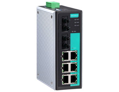 EDS-308-MM-ST-T - Industrial Unmanaged Ethernet Switch with 6 10/100BaseT(X) ports, 2 multi mode 100BaseFX ports, ST connector by MOXA