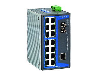 EDS-316-M-ST-T - Industrial Unmanaged Ethernet Switch with 15 10/100BaseT(X) ports, 1 multi mode 100BaseFX port, ST connector by MOXA