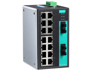 EDS-316-MM-ST-T - Industrial Unmanaged Ethernet Switch with 14 10/100BaseT(X) ports, 2 multi mode 100BaseFX ports, ST connector by MOXA