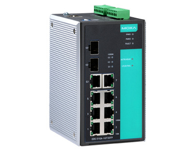 EDS-510A-1GT2SFP-T - Managed Gigabit Ethernet switch with 7 10/100BaseT(X) ports, 1 10/100/1000BaseT(X) port, and 2 SFP slots fo by MOXA