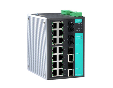 EDS-518A-MM-ST-T - Managed Gigabit Ethernet switch with 14 10/100BaseT(X) ports, 2 100BaseFX multi-mode ports with ST connectors by MOXA