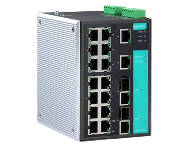 EDS-518A - Managed Gigabit Ethernet switch with 16 10/100BaseT(X) ports, and 2 combo 10/100/1000BaseT(X) or 1000BaseSFP slots by MOXA