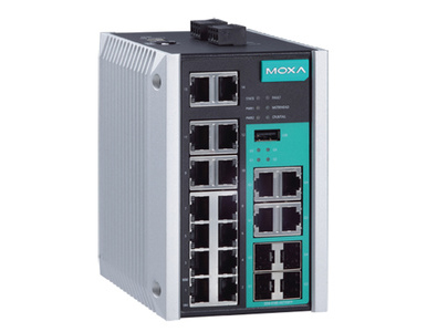 EDS-518E-4GTXSFP - Managed Gigabit Ethernet switch with 14 10/100BaseT(X) ports, and 4 combo 10/100/1000BaseT(X) or 100/1000Base by MOXA