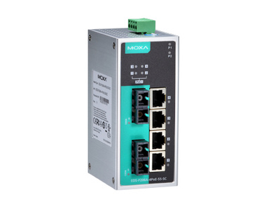 EDS-P206A-4PoE-MM-SC-T - Unmanaged PoE Ethernet switch with 4 PoE 10/100BaseT(X) ports, and 2 100BaseFX multi mode port with SC by MOXA