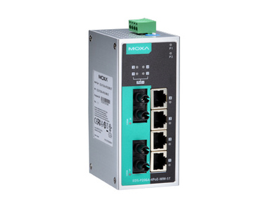 EDS-P206A-4PoE-MM-ST-T - Unmanaged PoE Ethernet switch with 4 PoE 10/100BaseT(X) ports, and 2 100BaseFX multi mode port with ST by MOXA