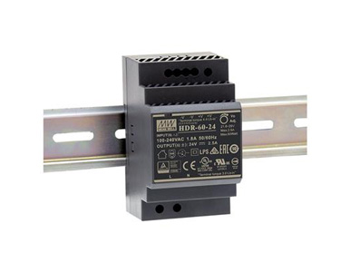 HDR-60-24 - AC-DC Ultra slim DIN rail power supply; Input range 85-264VAC; Output 12VDC at 1.25A; Pass LPS by MEANWELL