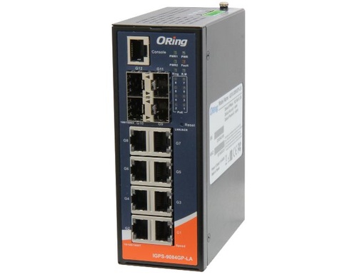 IGPS-9084GP-LA - Industrial Slim 12-port Secured managed Gigabit PoE Ethernet switch with 8x10/100/1000Base-T(X) P.S.E. ports an by ORing Industrial Networking