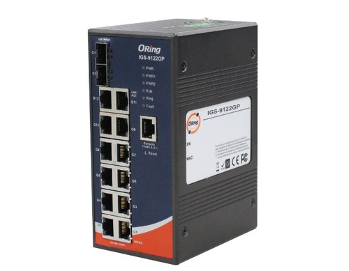 IGS-9122GP-PN - Industrial 14-port managed Gigabit Ethernet switch with 12x10/100/1000Base-T(X) and 2x100/1000Base-X, SFP socket by ORing Industrial Networking
