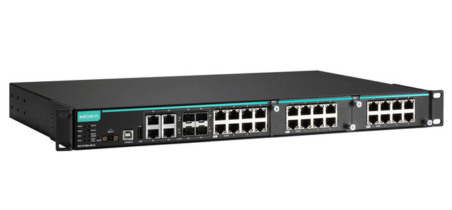 IKS-6728A-8PoE-4GTXSFP-48-48-T - Modular managed Ethernet switch with 8 10/100BaseT(X) PoE/PoE+ ports, 4 10/100/1000BaseT(X) or by MOXA