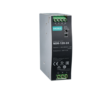 NDR-120-24 - 120 W/5.0 A DIN-rail 24 VDC power supply, universal 90 to 264 VAC or 127 to 370 VDC input voltage, -20 to 70 Degree by MOXA