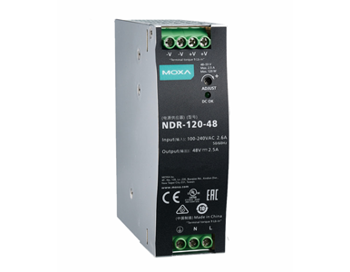 Moxa NDR-120-48 - 120 W/2.5 A DIN-rail 48 VDC power supply, universal 90 to 264 VAC or 127 to 370 VDC input voltage, -20 to 70 D by MOXA
