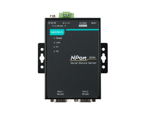 NPort 5210A - 2 port device server, 10/100M Ethernet, RS-232, DB9 male, 15KV ESD, 0.5KV serial surge, 12~48VDC, 0~60  Degree C by MOXA