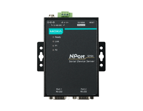 Moxa NPort 5210A - 2 port device server, 10/100M Ethernet, RS-232, DB9 male, 15KV ESD, 0.5KV serial surge, 12~48VDC, 0~60  Degre by MOXA