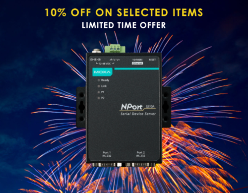 Moxa PROMOTION - NPort 5210A - 2 port device server, 10/100M Ethernet, RS-232, DB9 male, 15KV ESD, 0.5KV serial surge, 12~48VDC by MOXA