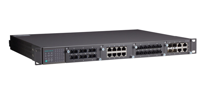 PT-7728-R-24 - Modular Managed Ethernet Switch System with 3 slots for 100 Mbps modules, 1 slot for Gbps modules, Ethernet ports by MOXA